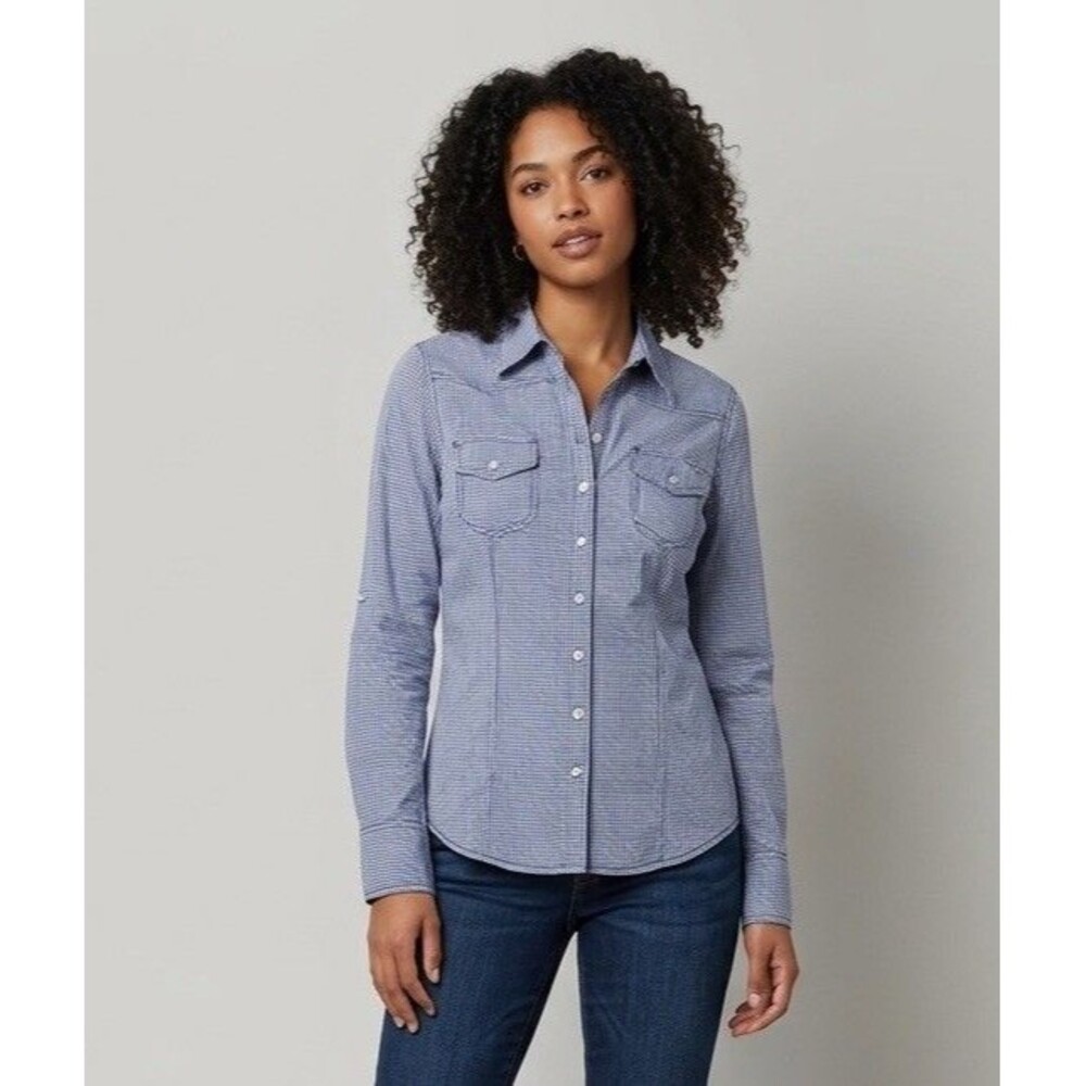 Buffalo David Bitton Gingham Western Shirt Blue White Womens S Roll-Tab Pockets